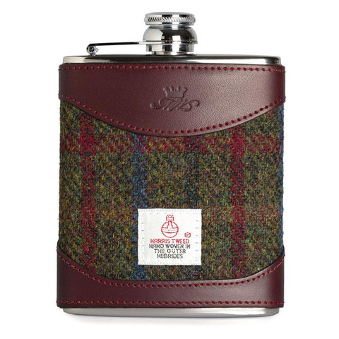 6oz Harris Tweed and Burgundy Leather Hip Flask